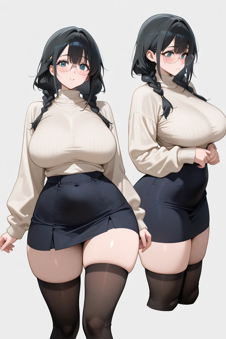 a woman, tanned skin, black hair, a hairstyle with two long braids that fall over her shoulders, with straight bangs that cover his forehead. He wears black rectangular frame glasses and has a happy expression on his face..., raven hair, big and somewhat open eyes, small nose, huge breasts, Skinny body, small waist, whole body, fitted white dress shirt, micro skirt , long black tights, women shoes,
