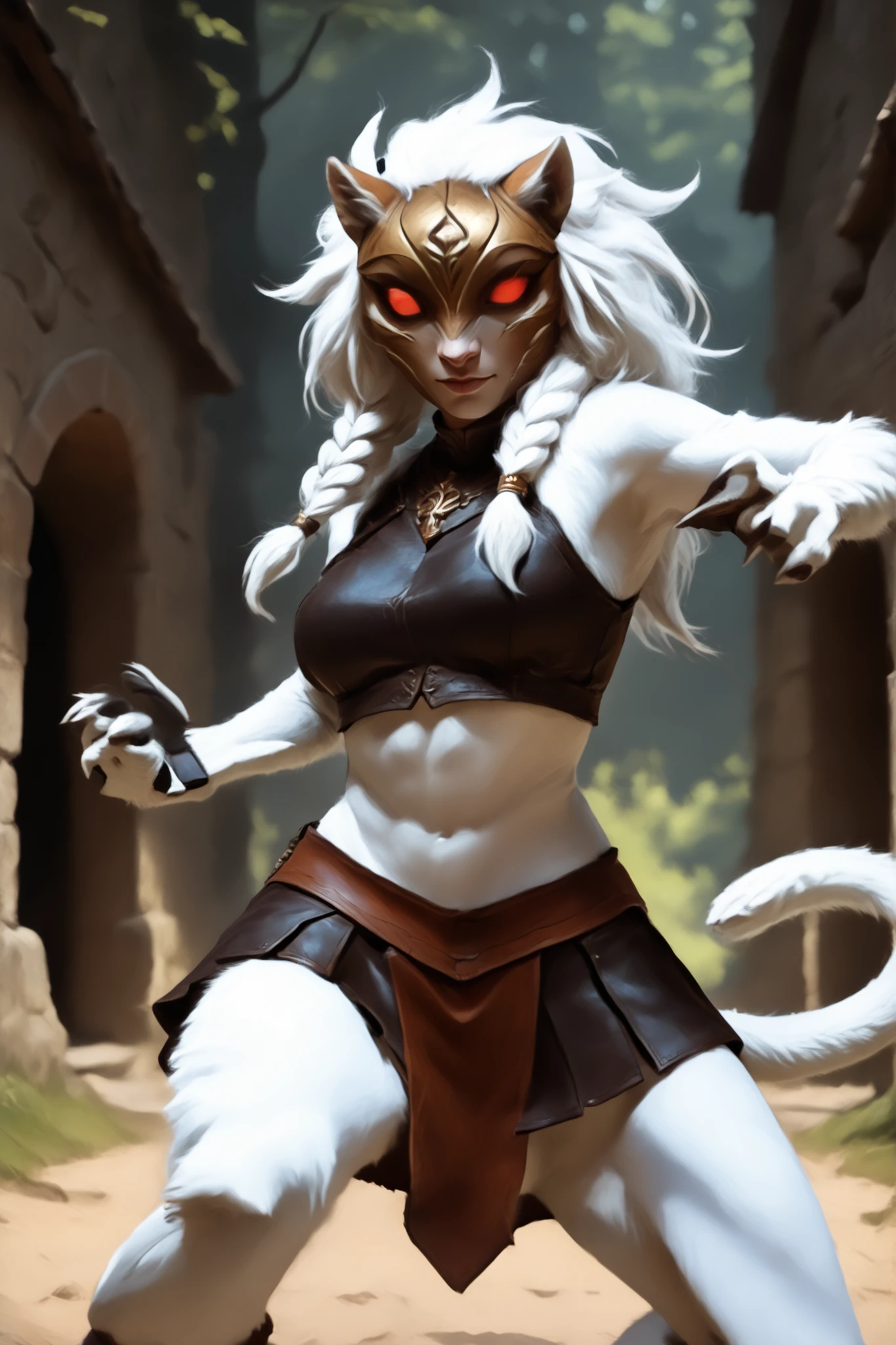 masterpiece, newest, absurdres, safe, slender, Grown-up Kindred-Lamb from LoL. Anthro girl. Panther-girl. White fur body. Thick furry body. Black claws. Athletic with abs. Wooden mask. Red human eyes behind the mask. Background: medieval jungle ruins. Realistic lighting. DnD art-style. Looking at the viewer. Dynamic action pose, from the side. indiginous leather crop top, medieval mini-skirt, no humans, fake box art, semi-realistic