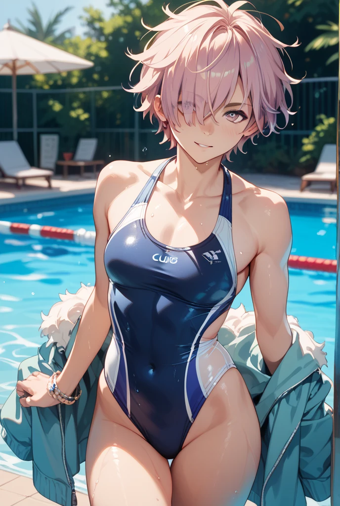 anime boy in a purple swimsuit on the beach waving、boy with short light purple hair、Boy with Purple Eyes、Barrette、is wearing a swimsuit、ワンピースswimsuit、swimsuit、boy wearing a purple tank suit、ワンピースswimsuit着用、wet swimsuit、purple high leg racing swimwear、競泳swimsuit、purple high leg racing swimsuit、(anime boy)、on the beach、cute boy wearing tank suit、水泳競技用swimsuit、cute anime boy、cool boy wearing competition swimsuit、 cool anime boy、in the sea、pretty anime boy、anime moe art style、Smooth anime CG art、Also、best anime boy、naughty anime style、!!full body portrait!!、beautiful charming anime 、