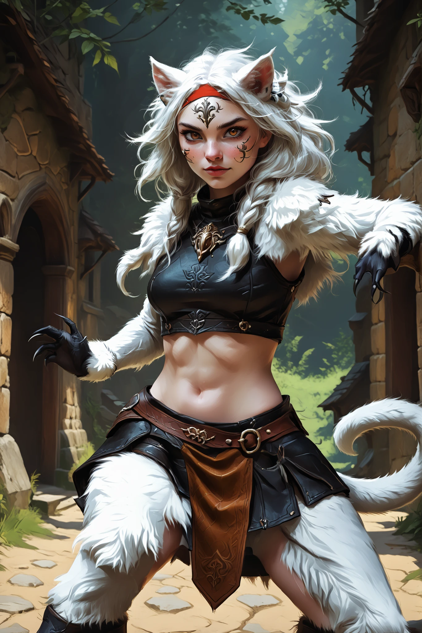 masterpiece, newest, absurdres, safe, slender, Grown-up Kindred-Lamb from LoL. Anthro girl. Panther-girl. White fur body. Thick furry body. Black claws. Athletic with abs. Wooden mask. Red human eyes behind the mask. Background: medieval jungle ruins. Realistic lighting. DnD art-style. Looking at the viewer. Dynamic action pose, from the side. indiginous leather crop top, medieval mini-skirt, no humans, fake box art, semi-realistic