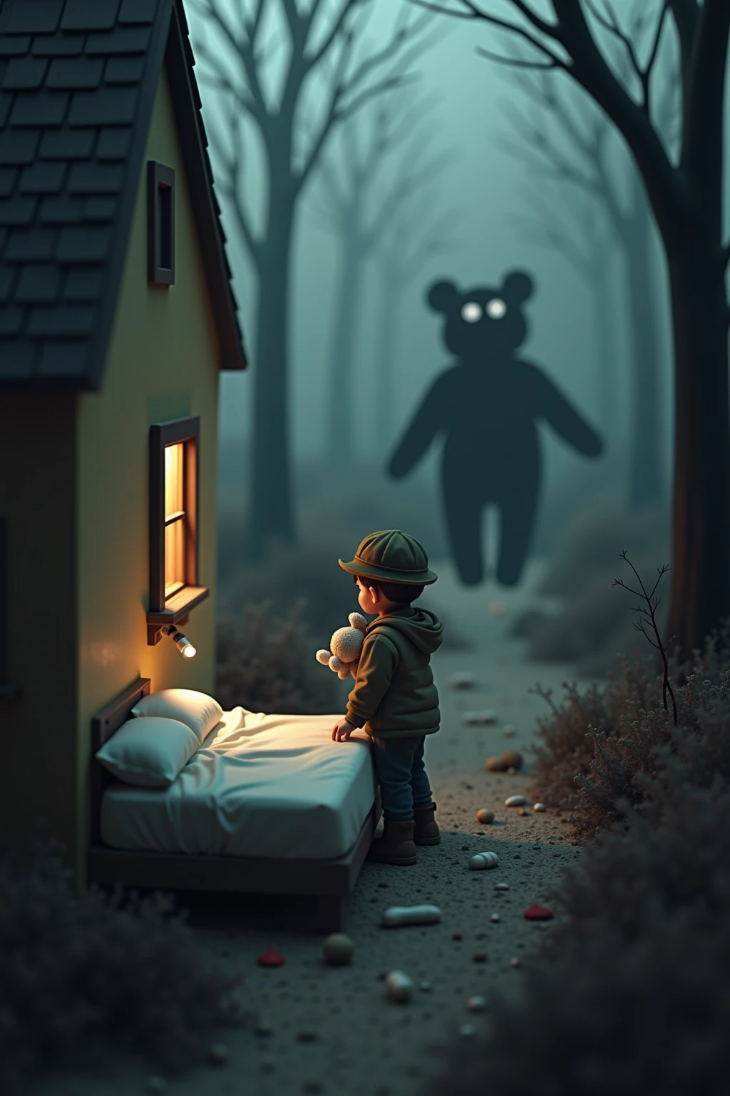 A child looks out of his bed, scared, and sees a wolf-shaped monster through the window.