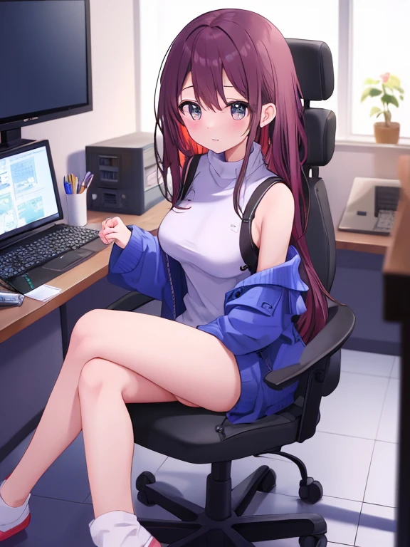 (A girl lounging in her bedroom), (a PC monitor turned on, a gaming chair), (a cluttered room), (fetal position), (perfect face), Sparkling, (masterpiece, best quality), (absurdres absolutely resolution), (8k), (detailed illustration), (super fine illustration), (professional lighting), (vivid color), detailed beatiful face, detailed beatiful eyes, detailed beatiful hair, perfect body, perfect hands, dynamic pose, dutch angle}, , looking at viewer, miku nakano, long hair, bangs, blue eyes, brown hair, shirt, hair between eyes, cardigan, headphones around neck, mature female, medium breasts