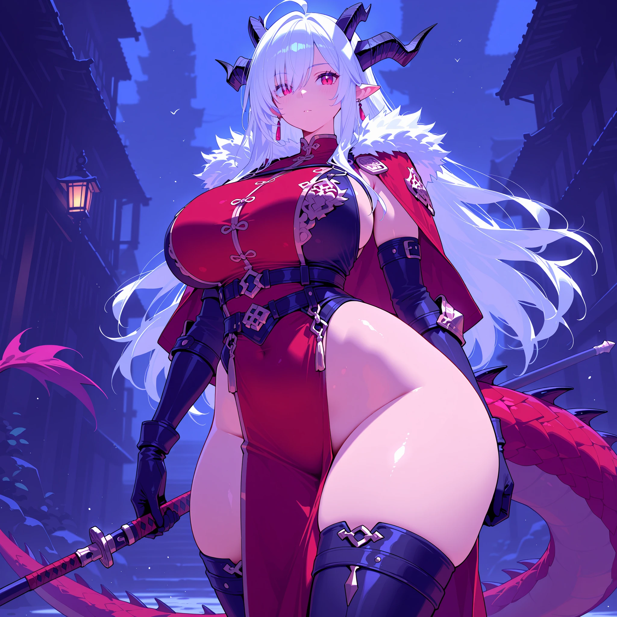 White hair, Red eyes, Long hair, , exposed , Messy clothes, Huge tits, Huge breasts, octopus haunted snake demon, pregnant