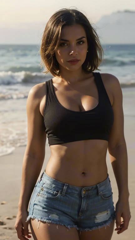 Paula Patton wearing tight low-cut shirt and ripped shorts and smiling