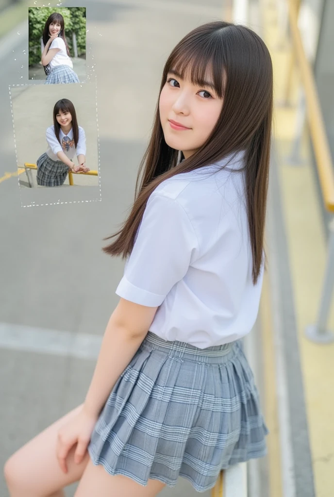 (High school girls walking on Tokyo street:1.2、blue sky)、((school uniform、blazer、Pleated skirt、Navy blue socks、loafers)、the wind is strong、(Realistic、Like a photograph、Live Action、8K, Realistic, RAW Photos, Best image quality: 1.4), Single-lens reflex camera、RAW Photos, Highest quality, Realistic, Highly detailed CG Unity 8K wallpaper, Written boundary depth, Cinematic Light, Lens flare, Ray Tracing, Realistic background、((ultra high density skin))、 Teenage girl on her way to school,Cute Japanese、(whole body:1.5)、Super detailed face,avert your eyes:1.1、(Silver inner color hair、Straight Long Hair:1.2、My hair flutters in the wind:1.4)、I like that style、stylish、Very detailed、Pay attention to the details、Perfect outfit、(Sunburned skin)、View from above、Accurate hands、Accurate legs、Detailed hands and fingers、Anatomically correct body、Thin legs、Thin thighs、Large Breasts