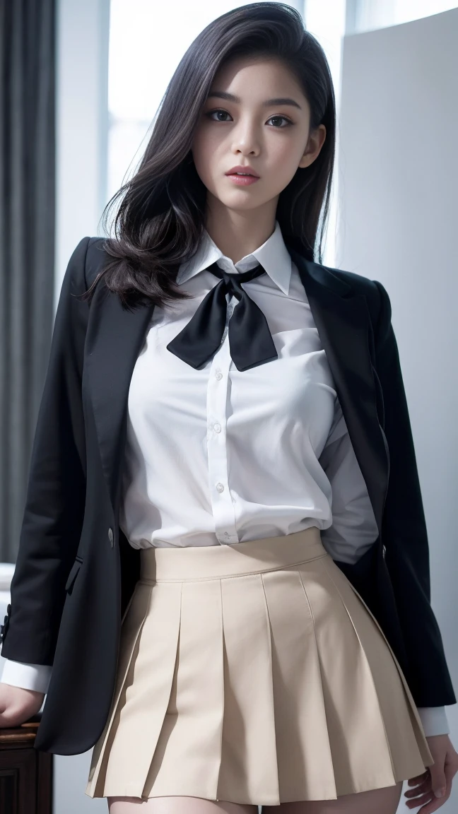 tra-detailed、Japanese、attractive beauty、seductive adult woman、pretty woman、piercing eyes、cool girl、wavy hair、swept bangs、suit、Jacket、blouse、ribbon、Tight Skirt、pantyhose、beautiful feet、Evil cadres、evil depravity、brainwash、mind control、lipstick、lip gloss、dark makeup、smirk、Evil expression、evil、hollow eyes,half-closed eyes、empty eyes、evil、night room、dark room、vampire、succubus、vampire、Swear allegiance、stand、