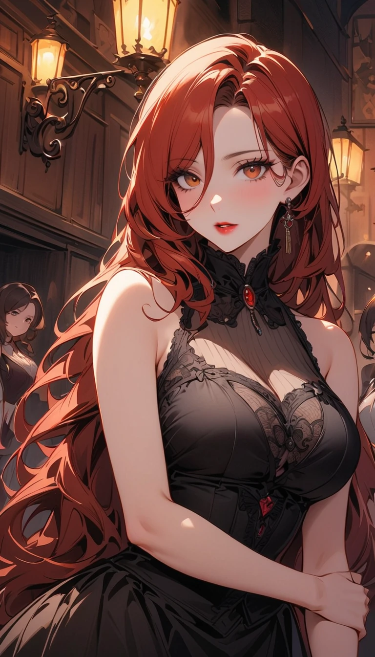 long orange hair, green eyes, long eyelashes, glam makeup, large cleavage, curvy, dominant, alluring, lingerie
