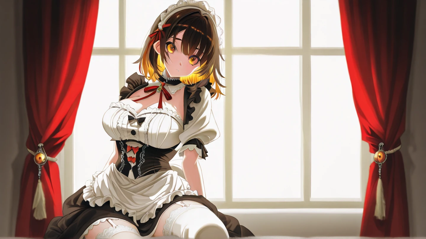 fluffy hair,((brown haired)),(Braided shorthair),Slightly red tide,((red and white bunny girl cosplay)),(fishnet tights),((stiletto shoes)),(maid'Ruffled headdress),(((Collars and chains))),shiny naughty bedroom,((Perspective from above)),(Old Japanese-style room),,((littered with garbage)),(mattress),The room is filled with steam,((My breasts are about to fall out of my clothes'T.)),A face that looks up and begs,(A face that looks like it hurts a little and is holding back..),((close up of face)),(Teary-eyed),((SEX)),(all-fours)