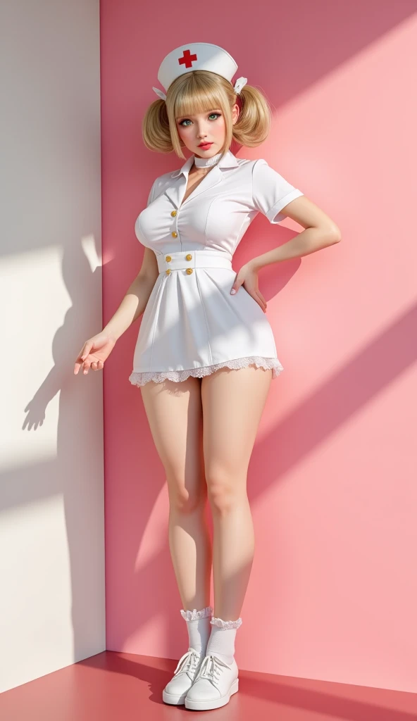 beautiful detailed 25 years old female, wearing Kogal Style: A fashion subculture with shortened skirts, loose socks, and preppy accessories, beautiful face, shiny white skin, blonde hair, slender, ultra large saggy breasts, massive cleavage exposed, random pose