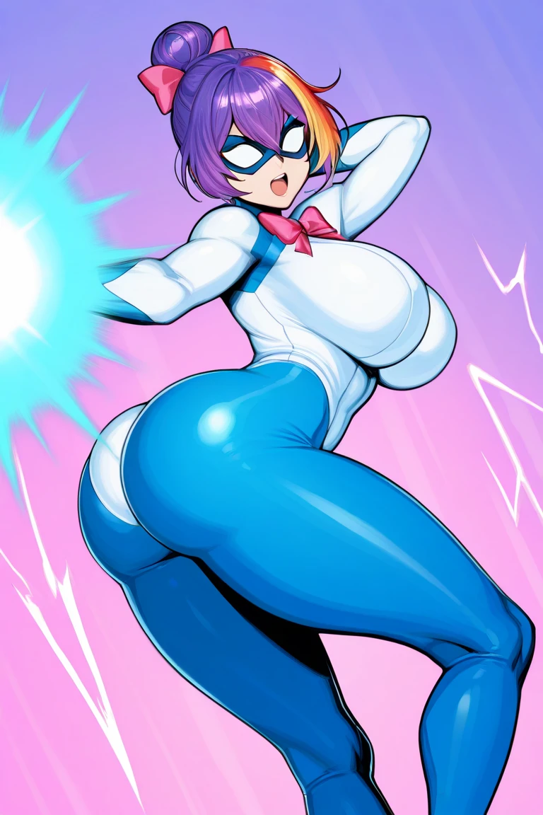best quality,ultra detailed,solo,score_9, score_8_up, score_7_up, score_6_up, score_5_up, score_4_up, source_anime, 1girl, clara, blue hair, hair tubes, grey eyes, bodysuit,big breasts, standing sexy pose, (behind view,portrait),full body,heavenly ass, heavenly breasts, big ass, no shoes, wearing white heels, upset, face, long legs, tight bodysuit, tight sleeves, white bodysuit, half-closed eyes, backside, charging dark power, charging dark energy, dark energy, using dark power, using energy, using dark energy, charging dark energy, dark aura, backside