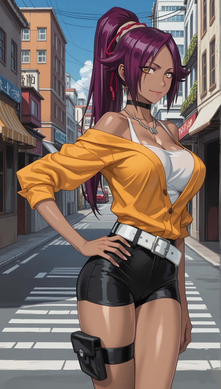 Asuna yuuki,sao anime style asuna \(sao\), 1girl, brown eyes, bright purple hair,Big breast,Fake big breast,Sculpted calves,Wide hips,Big ass,Tight tights,scoop Cleavage, Skindentation,Long thick Wavy hair,tank top with cleavage,mono color outfit,vertical hoop earring,Dog tag necklace,multistrand necklace,((Solo)),((1girl)),Mature,Curvy figure,Swaying hips,Heels,Confident walk,eyelash,Bare leg,Light blush,Thick lips,Half eyes open expression,Calm expression,Red light district,Blunt bang hair,Body facing viewer,High quality,tattoo with image of Laughing coffin mark,laughing coffin guild,Bright purple hair,Lowrise jeans,Open navel,Symetrical bang,Standing,1hand in hips,Tanned skin,Colorless glossy lipstic,Thick lips