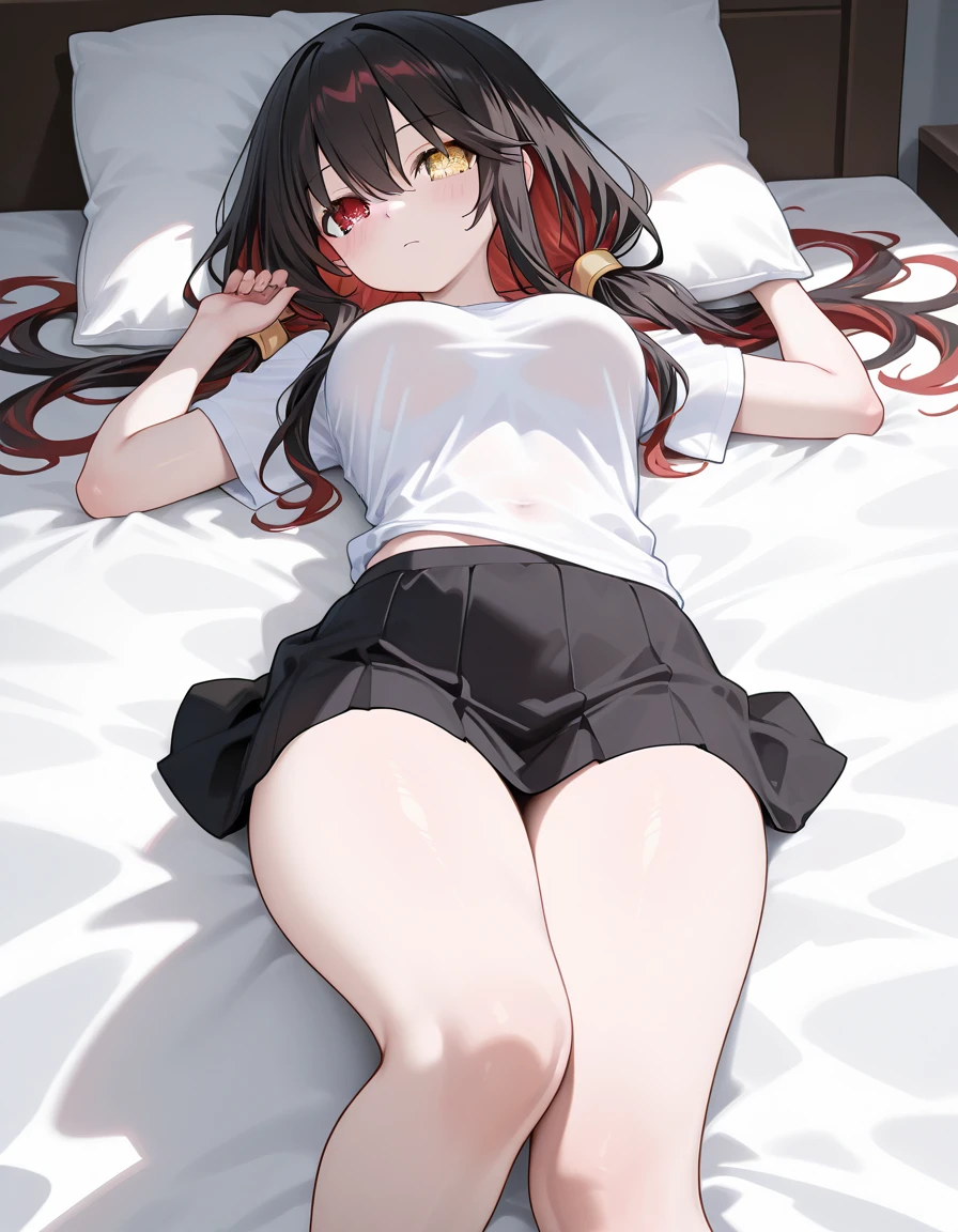 ((Best quality at best))Looking down at the group,spread thighpose the bottom of your skirt to the audience,Clothes were taken off,((Best quality at best)), ((tmasterpiece)), (Detailed pubic hair), s the perfect face,white colors的头发,High ponytail,Anime shoujo,Lie down in bed,The face is red,Showing the bottom of your skirt to the audience,Drooling from the mouth,streaming tears,裙底流出white colors液体,Lie down in bed,Be red in the face,Drooling from mouth,streaming tears,Hands are tied,bare-legged,,white colors,Legs wearing torn black stockings