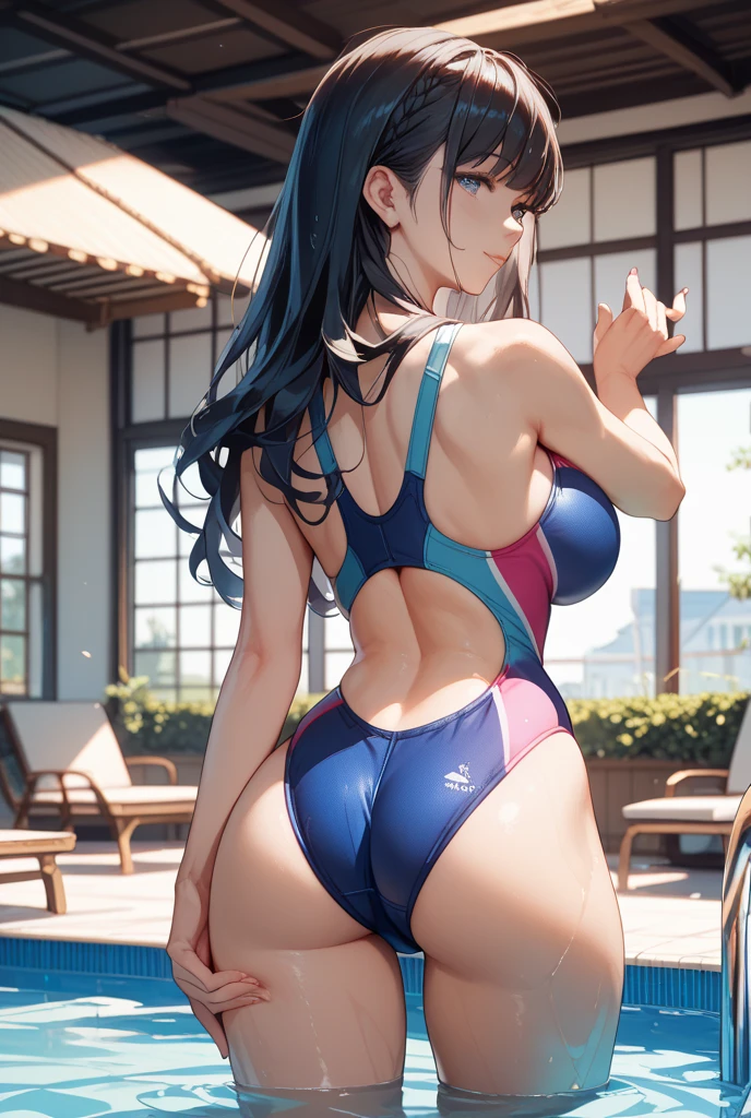 lighting like a movie、top-quality、1 Girl's Back、Wearing competitive swimsuits、dress room、Locker changing room、Floating nipples、nice butt、perfect buttocks、turned around、Longhaire、
