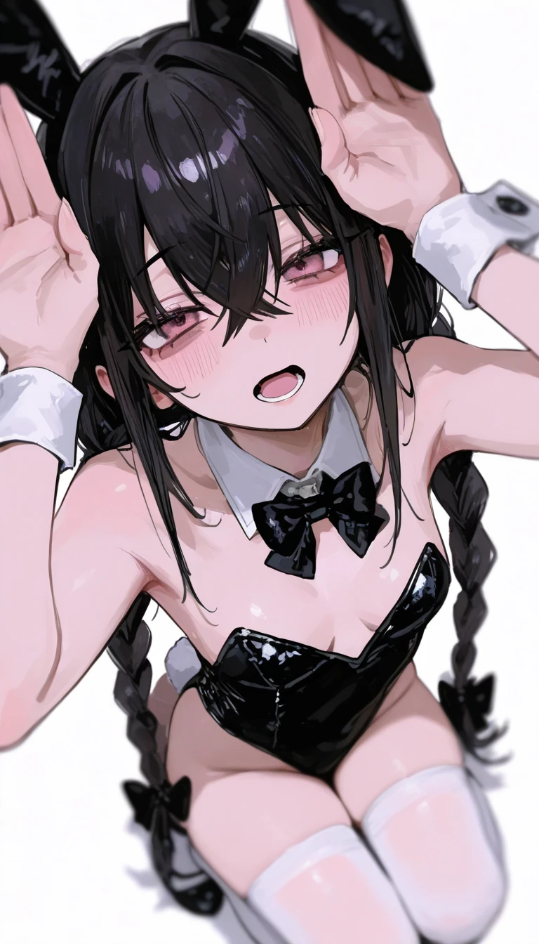 Small breasts、Black hair pigtails、naked、squatting,open legs、Expressionless、Urinating、girl trembling with sexual climax、peace、looking at viewer,open mouth,tongue out ,heart shaped pupils,first round、Blindfold