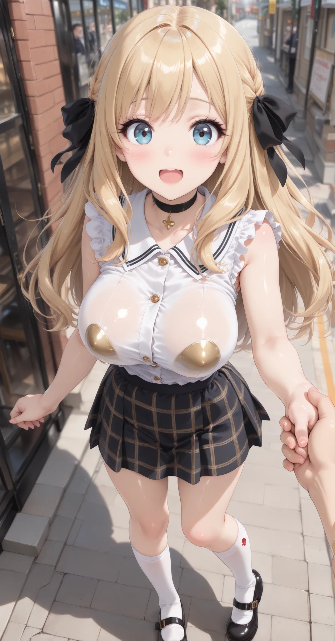 (masterpiece、top-quality、detaileds)、master piece、High resolution、ultra-detailliert、1 girl in、Bring out your forehead、Longhaire、a blond、独奏、Urban area in the background、verd s eyes、Pretty eyes、The upper part of the body、facing front、Body Up、perspiring、huge smile、red blush、Clean fingers、Plain clothe、Dressing、Exposing the chest、teats、NSFW, sexy