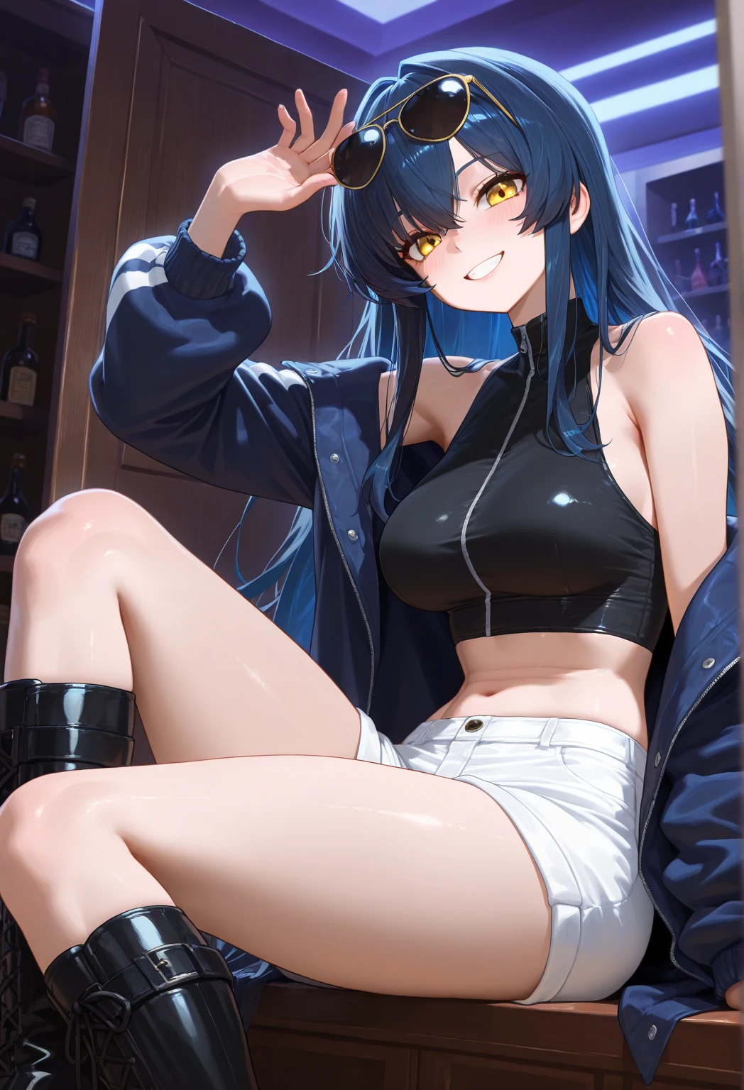 masterpiece, top-quality, Highly detailed, masutepiece, 女の子 1 人, Lori, Chiquita, Red Eyes, Happy expression, (Dark blue hair), half up, (((Dark brown pantyhose that reach above the navel))), Cute legs, (The innerwear is a high neck body stocking that only covers the chest.。.), ((Phetcha Pai)), ((Puffy nipple)), (denim shorts with creases), cool half boot rack choker, Simple design dark blue beret, (jacket with sleeves rolled up), long brown gloves without fingertips,