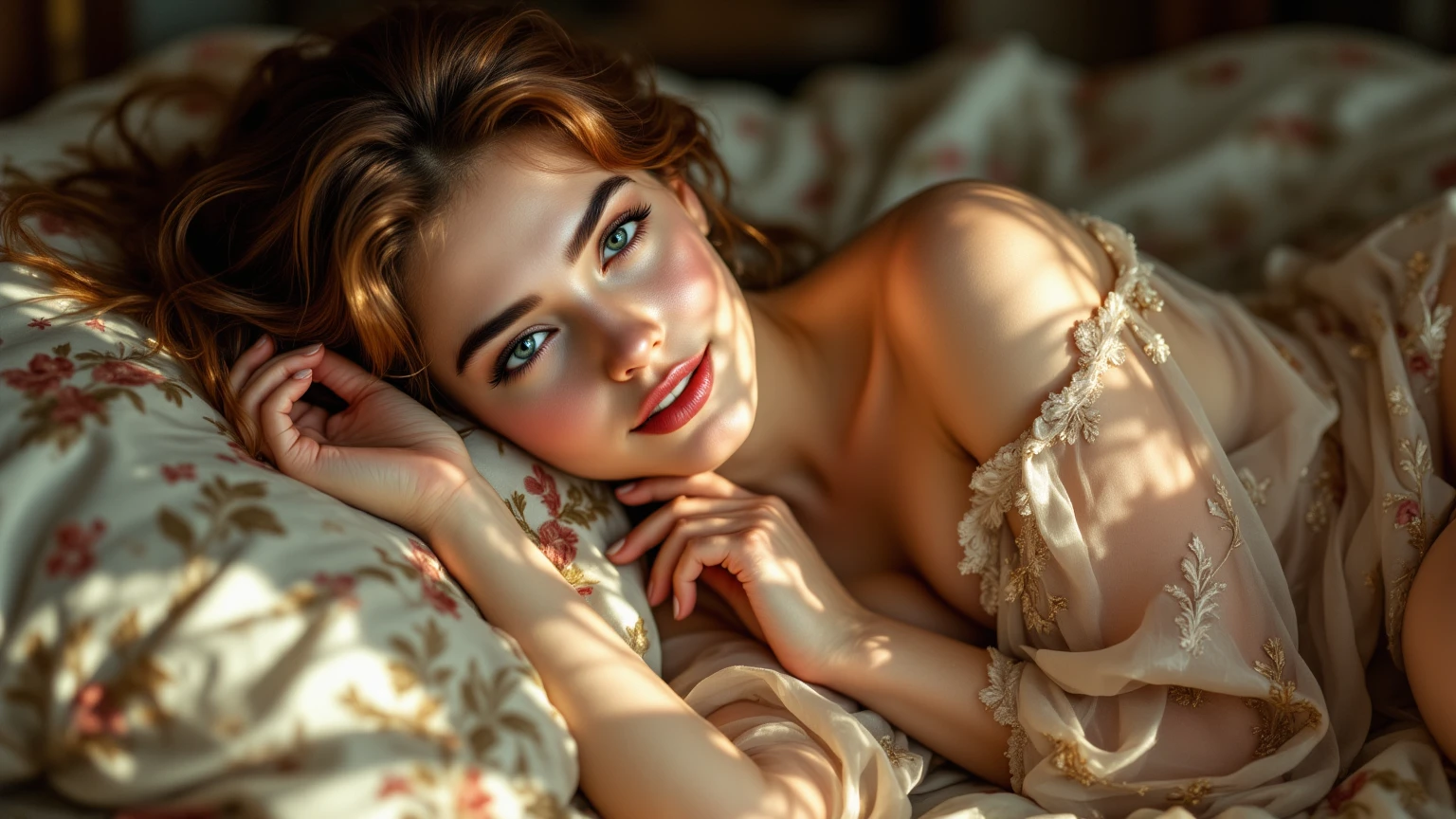 Best quality,ultra-detailed,photorealistic:1.37,UHD,professional,painting,HDR,realistic,portrait,Ukrainian beauty,gorgeous woman,exquisite facial features,sparkling blue eyes,porcelain skin,elegant pose, natural beauty,vibrant colors,soft lighting,subtle shadows,feminine elegance, green:1.3 one side messy updo long hair, red lingerie, luxurious bed, soft lighting, vivid colors, professional photography, portraits, bokeh