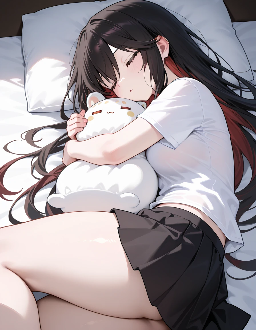 1girl, casual clothes, t-shirt, pleated skirt, twintails, long hair, short sleeves, fetal position, on side, from above, expressionless, hugging object, stuffed animal, bare legs, barefoot, bed sheet
