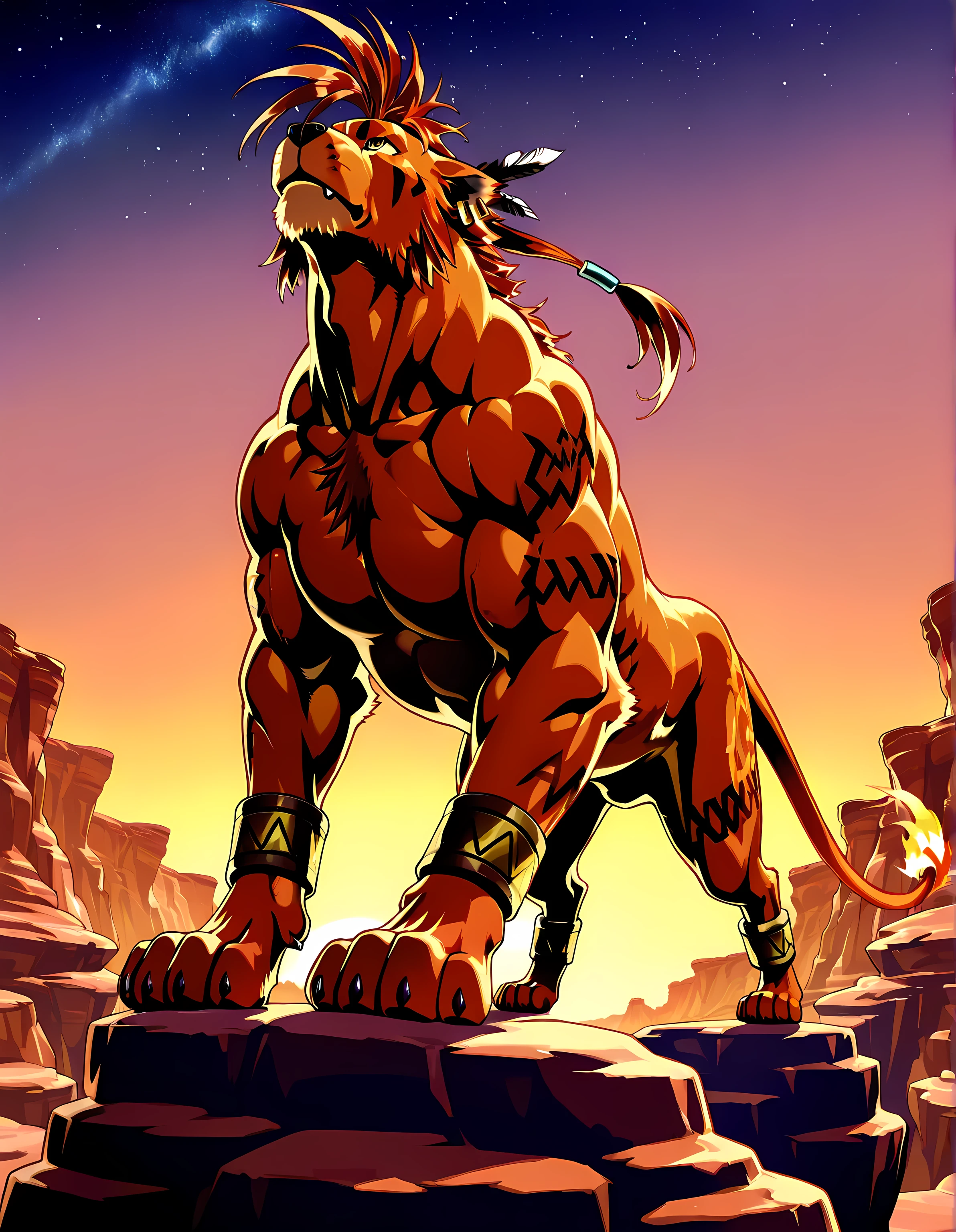 nanaki, red xiii, very muscular feral, feral, male, solo, cel shaded, dog, paws, (muscular, pectorals, buff), big body, simple background, low-angle shot, posing on boulders, looking up, sunset background, canyon, starry sky, powerful posture, strong posture, full body