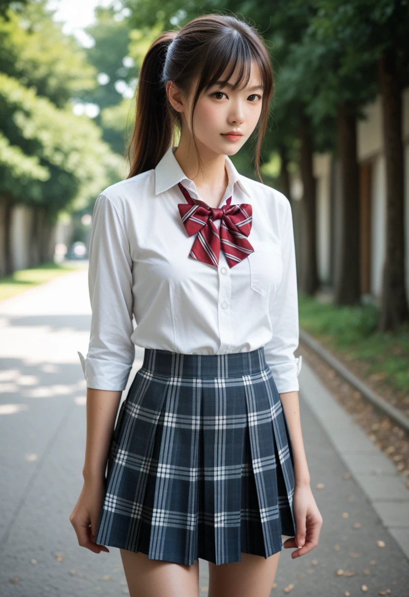 ((highest quality, 8K, masterpiece :1.3)), Photorealistic、Ultra-high resolution、Natural skin texture、Hyperrealism、Photograph from the knee up、12 year old beautiful Japanese girl、Large breasts、White collared shirt and tie、Checkered mini skirt、Serious expression、Angry