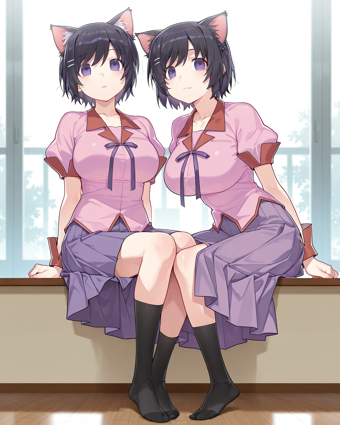 (((Pixel Perfect, Perfect in every detail,nsfw,,clothes lift,large breasts,light smile,dpubic hair,1 girl,black thigh-high socks))), alone, One girl, ((Ruka Sarashina)), Blue Ribbon, big , (Apron Maid), View your viewers, In the room, sitting,spread legs