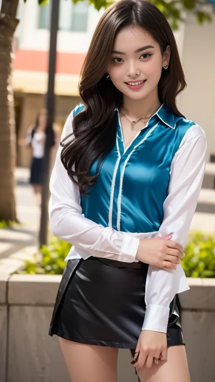(8k, raw, masterpiece: 1.5), (professional photograph, sharp: 1.2), (natural sun light), (soft shadow), (photorealistic: 1.4), perfect dynamic composition, ((full body photoshoot)), (1 girl), (Ultra-detailed face and skin), gorgeous face, perfectly proportioned face, dark brown eyes, round eyes, beautiful eyes, glossy eyes, high nose bridge, blush, plump lips, really moist skin, white skin, (delicate skin:1.4), (latex skin:0.4), (perfect glowing skin:0.6), (black colored long ponytail hair, bangs), (((hourglass body))) , (huge breast: 1.2), Refined expression, smile gently at the camera, looking at camera, pearl necklace, headband, ((cyan long shirt)), ((dark blue skirt)), ((lying on bed on bed)), ((shot from side))