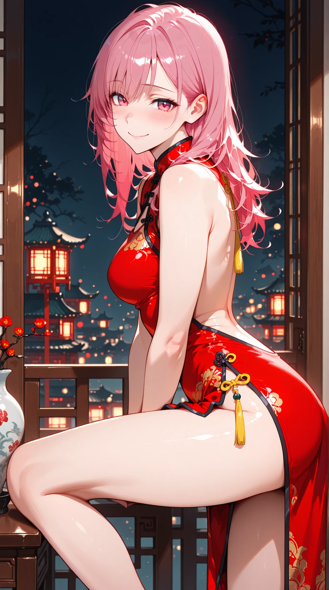 High resolution, zero two, good lighting, despicable, , (No nudity), (((red China dress))), (()), ((())), (garter belt), abdomen only, (), , cute face, I'm embarrassed and blush, humiliating, ((turn around and look back)), ((See-through))()(T-back)(a large amount of is on the body,)