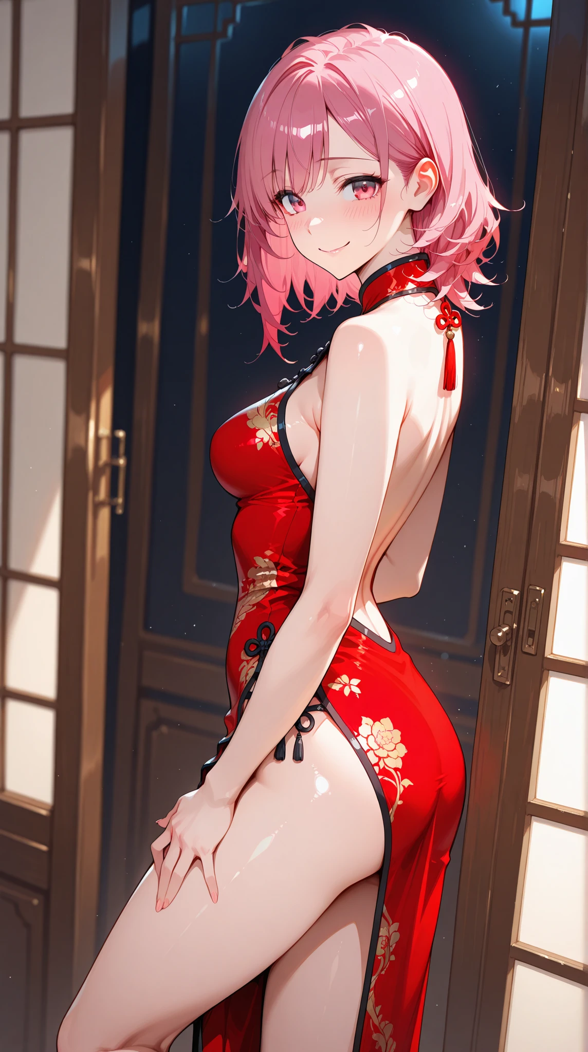 Highest quality, masterpiece, High resolution,A woman wearing a black cheongsam with a slit,Pink hair and blue eyes,