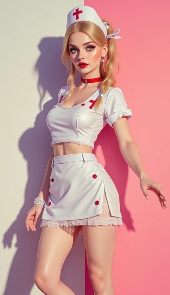 P_nurse, ((full body)), ((Elegant posture, Attractive posture)), ((Random shooting angles)), Platinum Blonde Fine Hair、Extra long silky straight hair、Big eyes with bangs and eyeliner、((Visible cleavage))、((E cup)), ((I-type Valley)), Nordic Youth、Perfect body、Very beautiful and cute、White Skin、Smooth and radiant skin、Young and beautiful skin、Perfect beautiful little face、Shiny Makeup、Thin pink lip gloss expression、girl、Lipstick、Deceptive advertising、{Steaming hot}、Audience perspective、Primetime lights、Bokeh atmosphere perspective、Detailed movie lighting、Intricate details、high resolution、 Details of facial design、High Detail、Be focused、Smoothness、aesthetics、Print、Octane Renderer、{{masterpiece}}