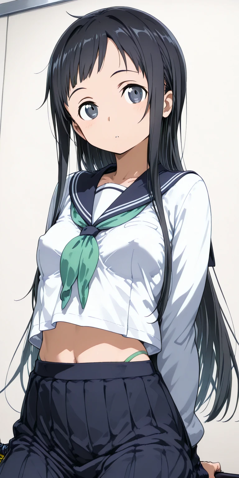 nagatoro_hayase, brown eyes, black hair, long hair, dark skin, dark-skinned female, tan, tanlines, hairclip, , white shirt, collared shirt, pleated skirt, underboob