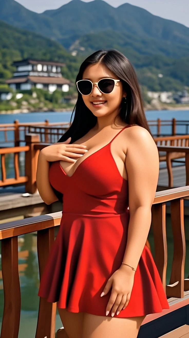 (Extremely detailed, beach, fine, slightly fat, busty, big breasts, big breasts, M cups, sexy, red crewneck dress, conservative, refined face, large aperture)