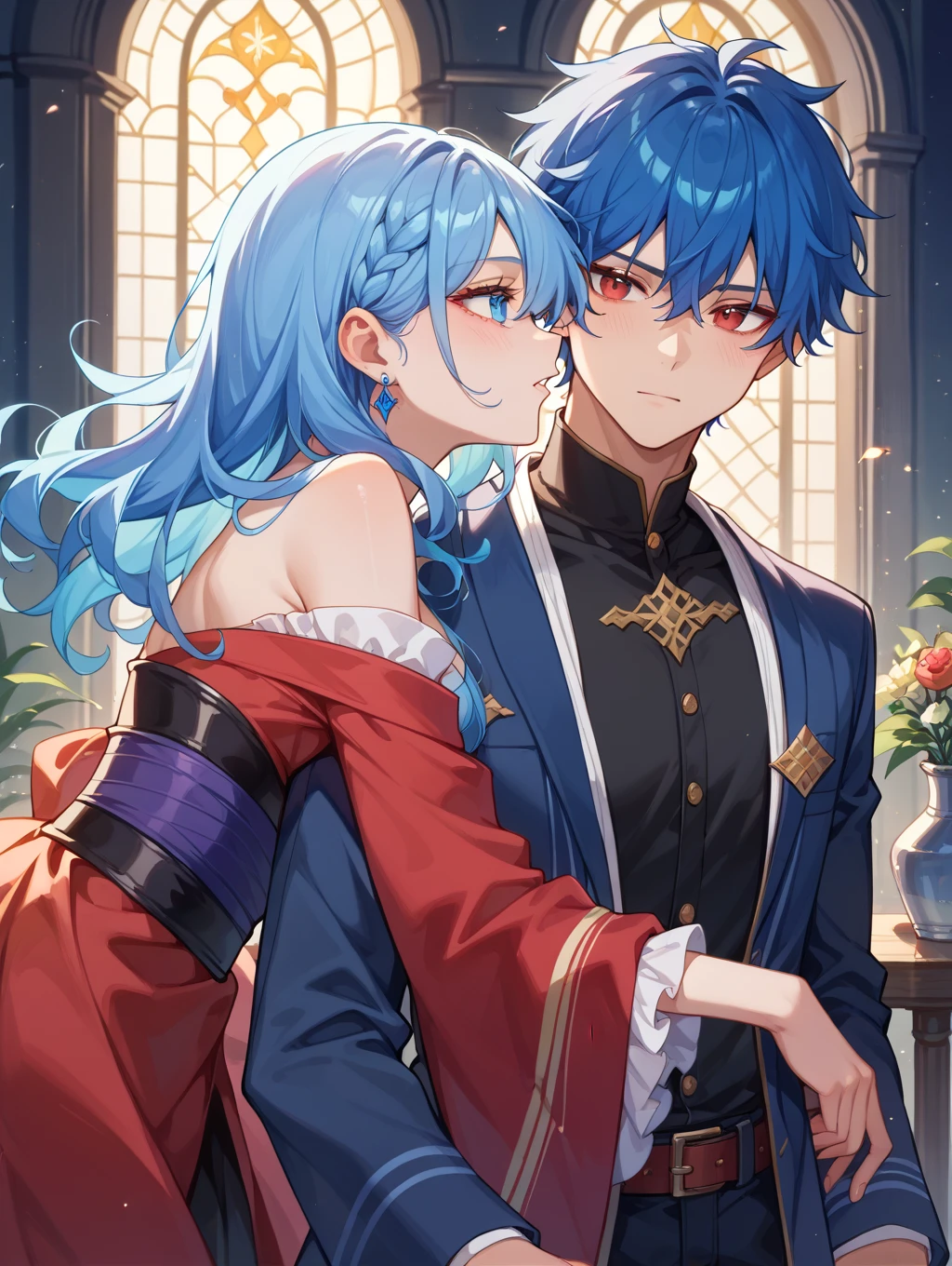 NSFW,masterpiece,Highest quality,High resolution,Super detailed,Sinon\(Sword Art Online\),Bare shoulders,Removable sleeves,Hand guard,leotard,Cape,Frilled mini skirt,gem, hair ornaments, Hair Clip,Embarrassed,expectant face,(Lust),(Estrus),blush,Fantasy,Adventurer&#39;s Guild,reception,indoor,(Smiling Man),(The man puts his arm around her shoulders and pulls her close)