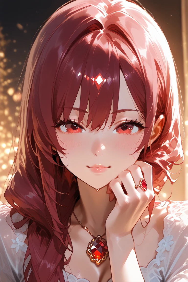 Pink-purple blood-red pupils,Beautiful reddish brown hair,There is a beauty mole,The face is white and tender,Like a phoenix,spark pattern,Red crystal for decoration,Body glowing with orange fluorescence,Looks beautiful,It was stunning,dress appropriately