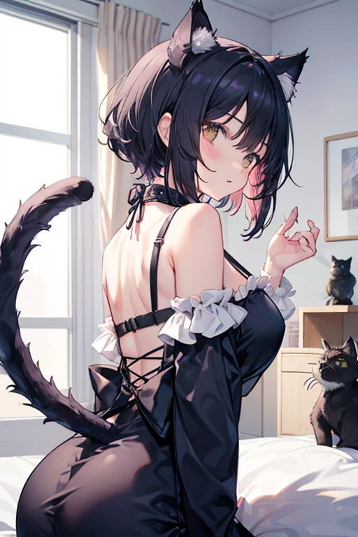 girl with cat ears and tail dark black hair