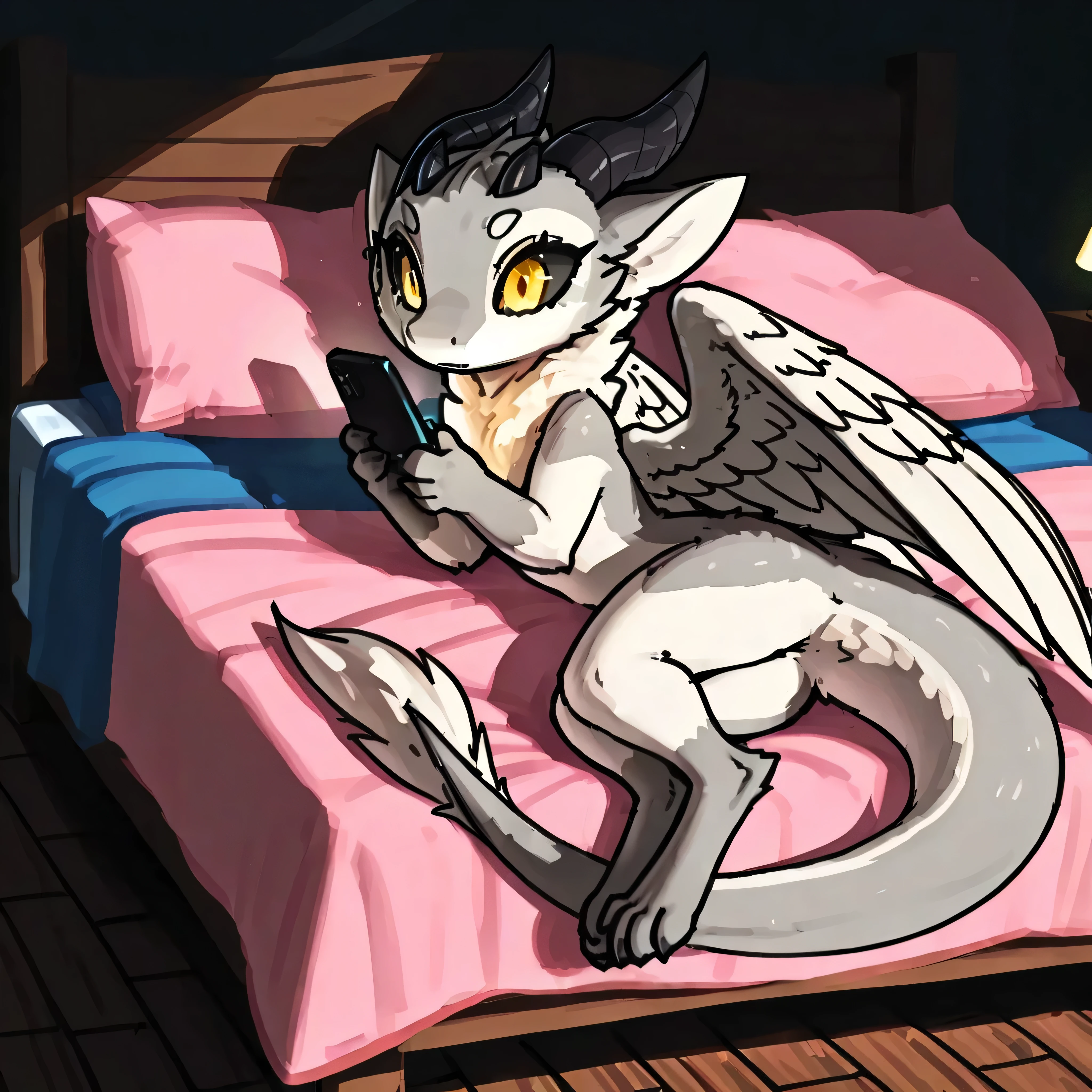 [Furred Dragon - Trendy] [Model-Test*] - 2d, bedroom, sunny, wooden floor, solo, female, Nymki, dragon, chibi slender, furred_dragon, angel_wings feathered_glow super_fluffy, dragon tail, digitigrade paws,  gray_fur, white_fur, head_tuft (no hair), horns, black_sclera, yellow_eyes, timid, knees together, crawl, on all_four, soft paw, playing on phone, laying on bed comfy cozy, in the dark luminate_lights, 