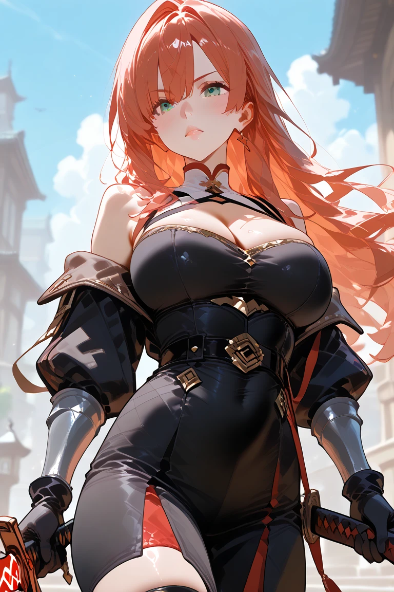 1girl,30s,tall,mature female,tiger tail,tiger ears,long hair,long twintails hair,orange hair,solo,templar silver knight outfit,knight,golden long chainmail skirt,happy face,smile,open mouth,cleavage,(standing in a road),medium breasts,large thighs,one eye closed,hd,masterpiece,8k,cowboy shot