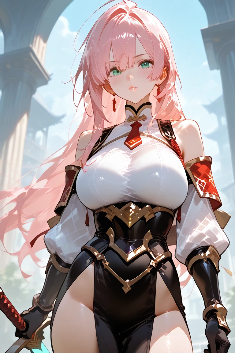 4K,high resolution,2 girls,pink hair,long hair,braid,green eyes,big breasts,Naga queen,白色のNaga queen服,removable arms,white samurai armor,full armor,Heavy armor,black fishnet stockings,decorative ornaments,large Japanese sword,Medieval Village,Show your breasts,large breasts,see nipples,