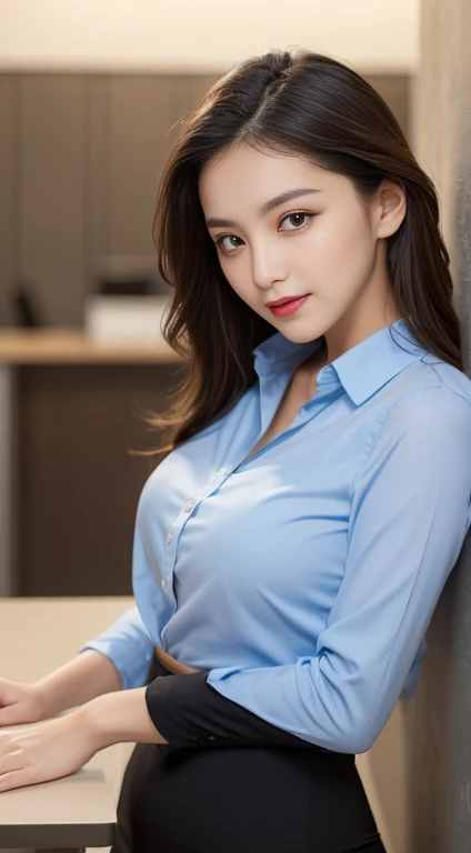 (1girl), (round eyes:1.2), (highly detailed face and eyes), smile, Amazing face and eyes, (shirt:1.3), cleavage, (Best Quality:1.4), (Ultra-detailed), (extremely detailed CG unified 8k wallpaper), Highly detailed, High-definition raw color photos, Professional Photography, Realistic portrait, Amazing face and eyes, indoors, office, (office lady, casual:1.3), (A moment of relaxation), model, depth of fields, (fine face:1.2),