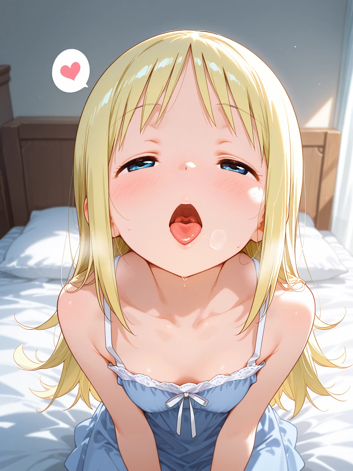 ((Highest quality)), ((masterpiece)), (detailed), A large amount:1.2),extremely detailed cute anime face, (((Flat Chest))), (Flat Chest:1.1),((((Short Bob Hair)))),Complex eyes,beautiful detailed eyes,Symmetrical eyes,(((detailed face))),beautiful detailed lips, If you look at this, (((Embarrassing))),(emotional expression),(My heart is pounding with anticipation.), A translucent white dress reveals her skin、String panties,片手をString pantiesの中に入れている,Filling condoms,Have a used condom,Sitting on the bed,White liquid spills from mouth,White liquid dripping from hands,Ultra Wide Angle