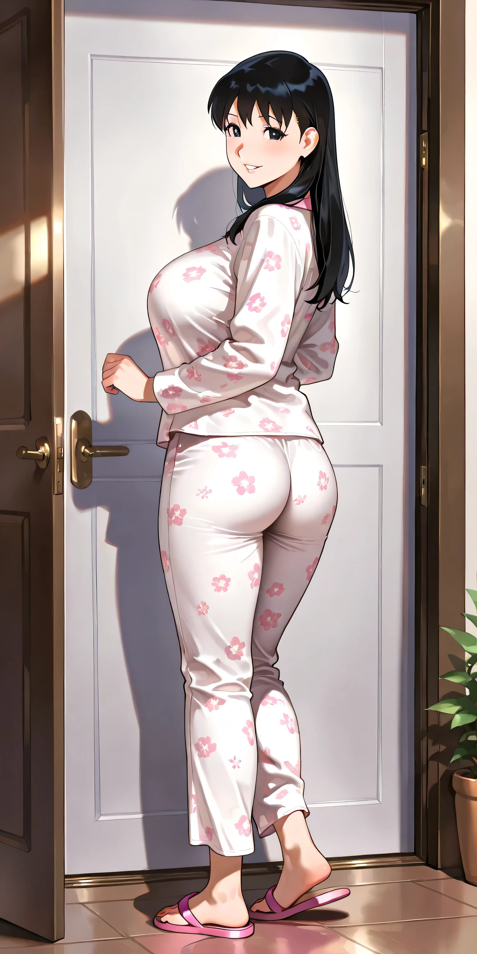 Masterpiece, newest, vibrant, very aesthetic, high contrast, mature woman, shizuka minamoto\(doraemon\), tall, big breast, white pajamas with floral motif, pink flip flops, full body, back side, nice ass, parted lips, smile, front of the door, best quality, semrealistic, fullmetal alchemist anime style, full view, looking at viewer