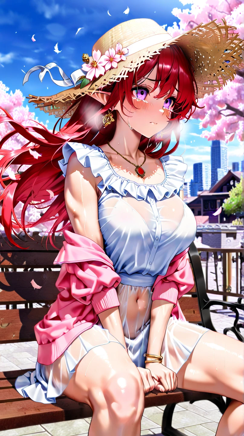 Nakano nino, pink hair, busty, butterfly hair ornament, large breasts, cleavage, white shirt, pleated skirt, green skirt, (erotic pose:1.4)