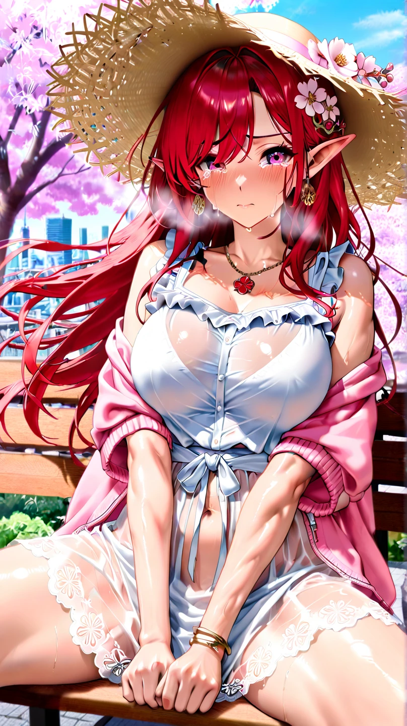 A girl from an anime with pink hair lying on the ground with her head in her hands, seductive, with a forest in the background.