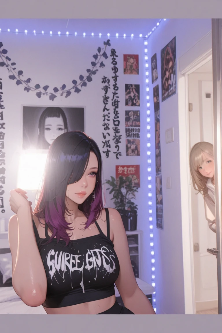 there is a woman taking a selfie in a mirror, a picture inspired by Ion Andreescu, instagram, surrealism, selfie of a young woman, 18 years old, 8k selfie photograph, iphone selfie, 21 years old, mirror selfie, violet myers, brunette with dyed blonde hair, with long hair, 2 2 years old, 2 3 years old make anime gothic
