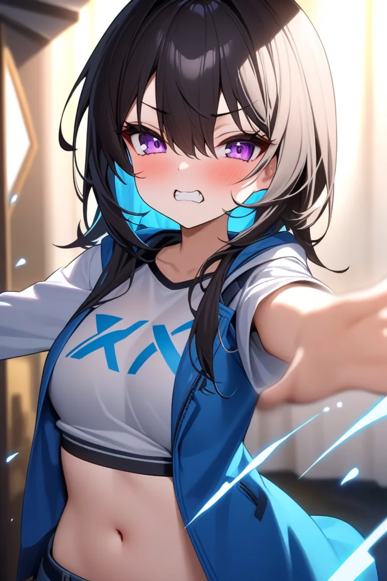 top-quality、Top image quality、​masterpiece、girl with((18year old、tatteredclothing、Black tank top、Black short-sleeved hoodie、White pants、Best Bust、Bust 85、silber hair、disheveled ponytail、Blue eyes、open chest wide、Happiness、Sweating、Chain Accessories、break dance)）hiquality、visualart、Background with((live house、knight、Combustion Renditions、Laser Pointer))、masutepiece