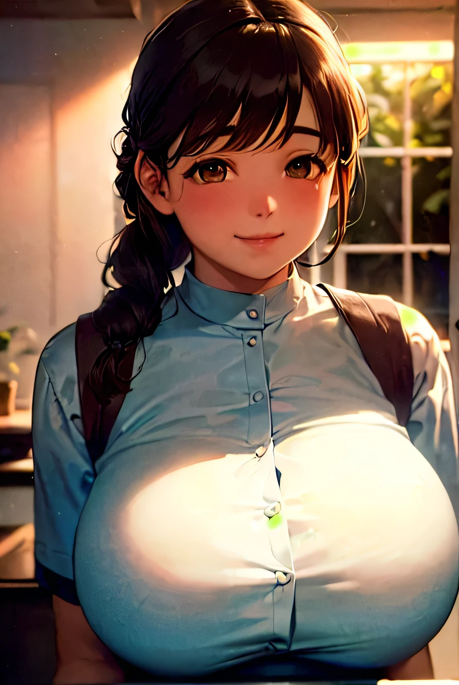 1 female,12 years old,brown hair,beautiful low ponytail hairstyle, (high waist skirt:1.3),, (tight knit), (double breasted,under bust:1.2), short sleeve, gap between buttons,natural smile,,frameless eyeglasses,