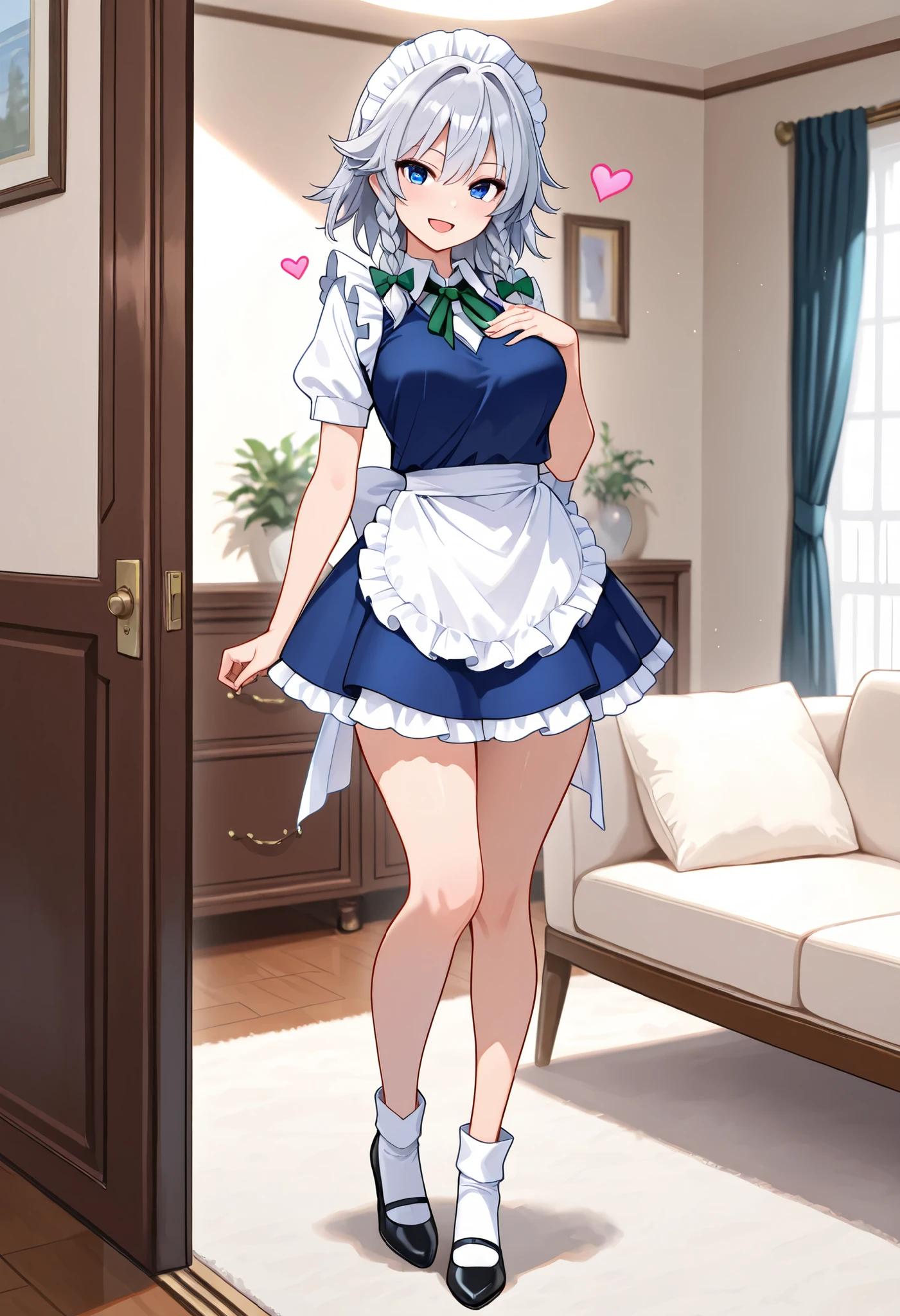 masterpiece,highquality,heart effect,looking at viewer,1girl,girl,izayoi sakuya, medium hair,silver hair,twin braids,blue eyes , clothed,standing ,hand on own breast,open mouth,smile,、steam,,living room,full body