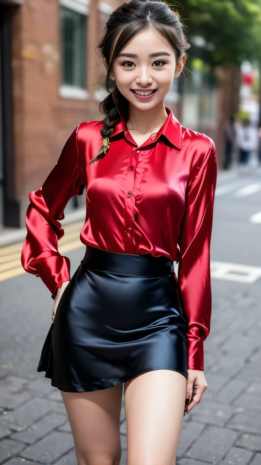 Masterpiece, Best Quality, 3D Rip Artwork, 3DMM Style, Portrait, Realism, a natural mature woman, 45 yo, eyeshadow, Parted Lips, Detailed Eyes, beautiful big eyes, long eye lashes, (black bra) ((red satin shirt)), red satin skirt, long blazer, high heels, walking on street, sit at bench, long black hair tied up, show legs, bracelet, tattoo, glasses, earnings, necklace, big breast, holding book