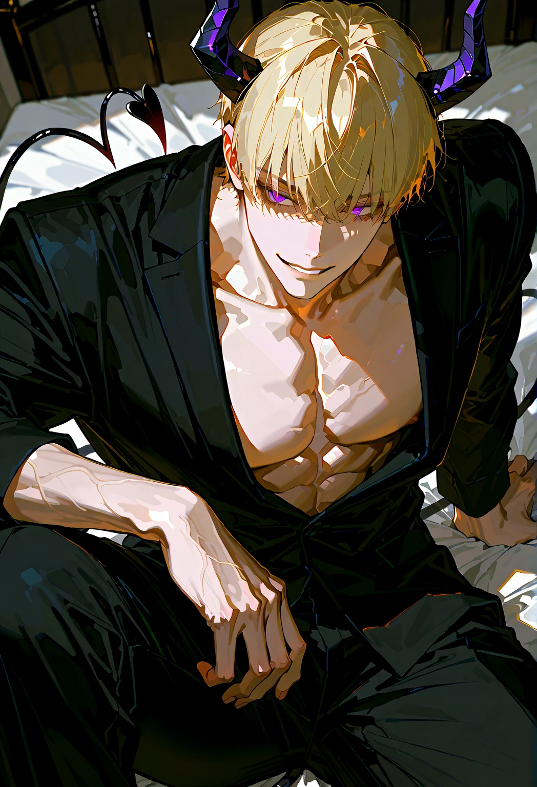 Hot guy, full body, muscular, hodling hand cuffs, with open blazer, shirtless