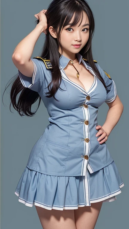 1girl,masterpiece,beautiful,realistic,(super huge fake breast:1.5),Wearing a (( Knight Girl uniform)) wear, (W cup Breast),standing,photoshoot,facing forward,looking at the audience,smiling, Cover Book JAV, long black hair