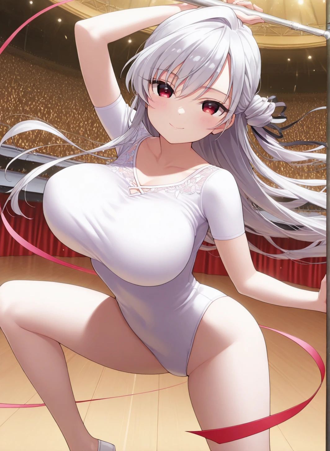 Girl, white hair, full body, huge breasts, full body heat, white transparent miniskirt, white transparent stockings, panty perspective, excitement, heat, sweating, blushing, spit, peeing, peeing pants, super detailed face, super detailed hands, highest image quality --auto --s2
